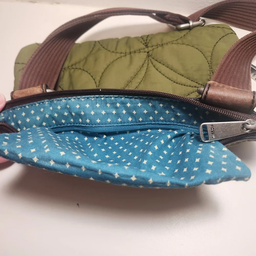 Fossil Key-Per Green Quilted Leather Trim Crossbody Bag NICE!